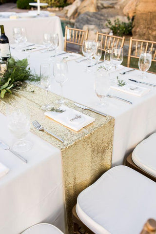 Gold Table Runner atop a White Tablecloth