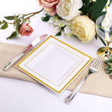 10 Pack - 7inch Gold Trim White Square Plastic Salad Dessert Plates