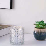 6 Pack | 3inch Shiny Silver Mercury Glass Candle Holders, Votive Tealight Holders - Geometric Design