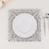 6 Pack Silver Square Acrylic Charger Plates with Hollow Lace Border