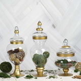 Set of 3 | Large Gold Trim Glass Apothecary Party Favor Candy Jars With Snap On Lids