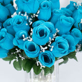 12 Bushes | Turquoise Artificial Premium Silk Flower Rose Buds | 84 Rose Buds