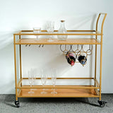 3ft Gold Metal 2-Tier Bar Cart Wine Rack With Wooden Serving Trays, Kitchen Trolley 5 Wine Bottles