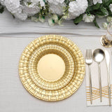 10 Pack | 10inch Gold Basketweave Rim Plastic Dinner Plates, Round Disposable Plates