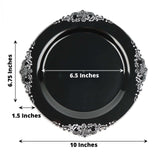 10 Pack | 10inch Black Silver Leaf Embossed Baroque Plastic Dinner Plates