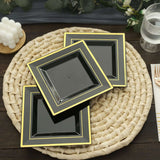 10 Pack | 7inch Gold Trim Black Square Plastic Salad Dessert Plates