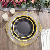 25 Pack | 10inch Matte Black / Gold Wavy Rim Disposable Dinner Plates, Round Paper Party Plates