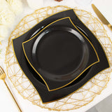 10 Pack | 8inch Black / Gold Wavy Rim Modern Square Plastic Dessert Plates, Disposable Salad Plates