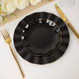 6inch Black Heavy Duty Disposable Salad Plates with Gold Ruffled Rim, Disposable Dessert Dinnerware