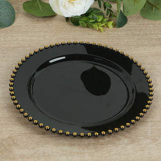 <h3 style="margin-left:0px;"><strong>Black and Gold Beaded Rim</strong> <strong>Plastic Dinner Plates</strong>