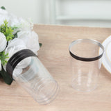 25 Pack Clear Crystal Plastic Tumbler Glasses with Black Rim, 10oz Disposable Drink Glasses