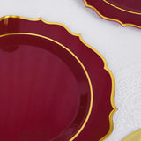 10 Pack | 10inch Burgundy Plastic Dinner Plates Disposable Tableware Round With Gold Scalloped Rim