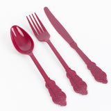 72 Pack Burgundy Plastic Silverware Set in Baroque Style, Heavy Duty Disposable Forks