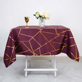 54"x54" Burgundy Polyester Square Tablecloth With Gold Foil Geometric Pattern