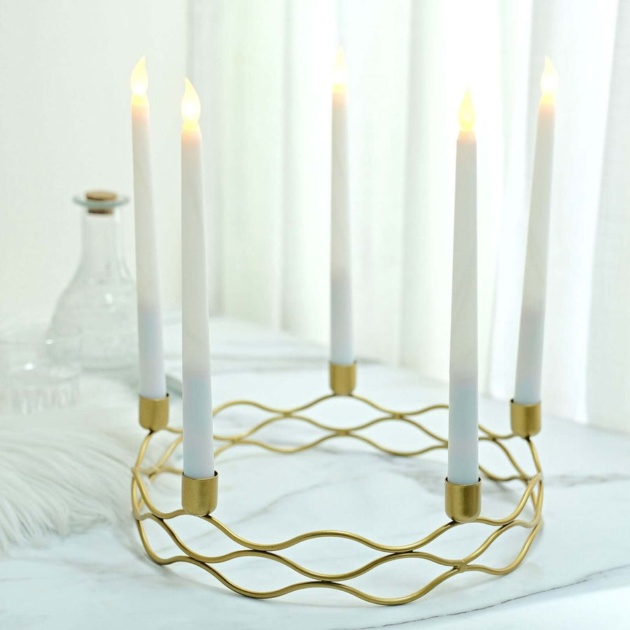 Round Wreath Taper Candelabra 5 Arm Gold Metal Decorative Centerpiece - Tabletop Candle Holder 12"