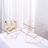 Set of 3 | Gold Metal Geometric Stackable Cake Dessert Stand Pedestals with Square Glass Top