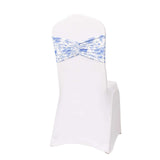 5 Pack White Blue Wide Ruffled Spandex Chair Sash Band in French Toile Floral Pattern