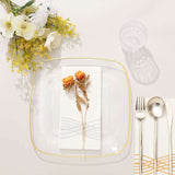 10 Pack | 10inch Clear with Gold Rim Square Plastic Lunch Party Plates, Disposable Dinner Plates