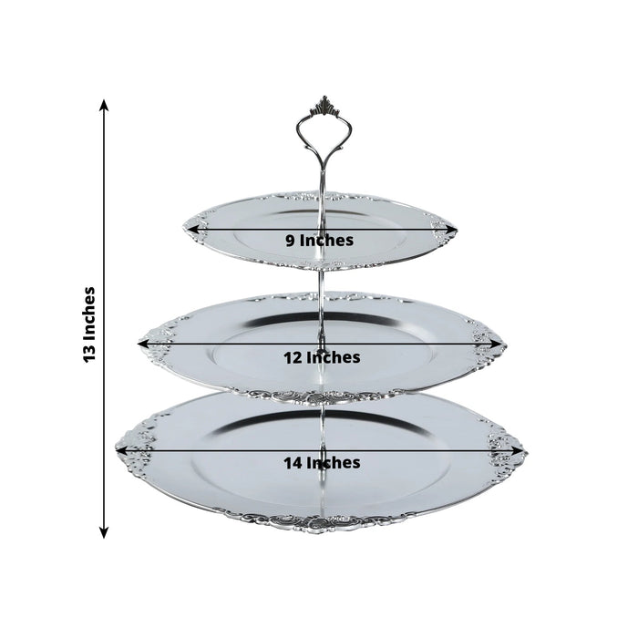 3-Tier Metallic Silver Plastic Cupcake Tower Stand with Embossed Baroque Rim, 13inch Round Cake