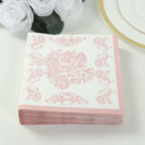 50 Pack 2-Ply Paper Beverage Napkins in White Matte Pink Damask Floral Pattern, Disposable