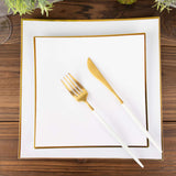 10 Pack | 8inch White / Gold Concave Modern Square Plastic Dessert Plates, Disposable Salad Plates