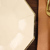 25 Pack | 9inch Beige Gold Foil Rim Geometric Dinner Paper Plates, Decagon Disposable Plates