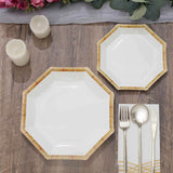 25 Pack | 9inch White Bamboo Print Rim Octagonal Dinner Paper Plates