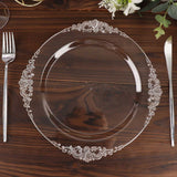 10 Pack | 10inch Clear Silver Leaf Embossed Baroque Plastic Dinner Plates