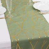 9ft Dusty Sage Green Gold Foil Tree Branch Pattern Polyester Table Runner