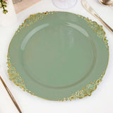 Dusty Sage Gold Leaf Embossed Baroque Plastic Dinner Plates, Disposable Vintage Round Dinner Plates