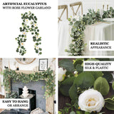  Artificial Eucalyptus Leaf Hanging Vines With 7 White Rose Flower Heads, Floral Greenery Table