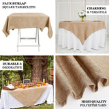 54"x54" Natural Faux Burlap Square Table Overlay, Boho Chic Jute Table Linen