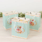 12-Pack Favor Bags Vintage Rose Floral Tea Party, Turquoise Paper Goodie Gift Bags