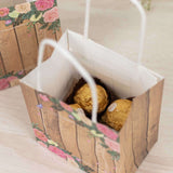 12 Pack Natural Wood Print Paper Party Favor Bags with Rose Floral Accent, Small Gift Goodie Bags