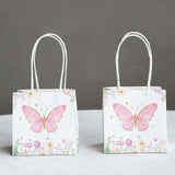 12 Pack Pink Glitter Butterfly Paper Favor Bags With Handles, Floral Print White Gift Bags