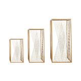 Set of 3 Gold Metal Square Floral Display Stands with Geometric Crossed Lines Pattern#whtbkgd