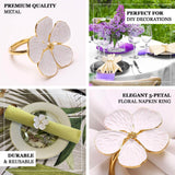 4 Pack | White & Gold Metal Flower Napkin Rings, Floral Serviette Buckle Napkin Holder Set