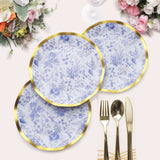 25 Pack | 8inch White / Blue Chinoiserie Disposable Salad Plates With Gold Wavy Rim Floral