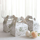 25 Pack White Sage Green Party Favor Gift Tote Gable Boxes with Leaf Floral Print