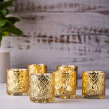 6 Pack | 3inch Shiny Gold Mercury Glass Candle Holders, Votive Tealight Holders - Geometric Design