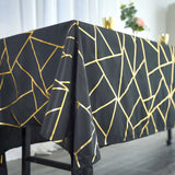 60"x102" Black Rectangle Polyester Tablecloth With Gold Foil Geometric Pattern