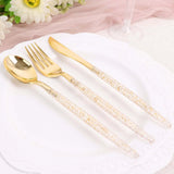 24 Pack | 8 Metallic Gold With Glitter Silverware Set, Modern Premium Plastic Utensil Set