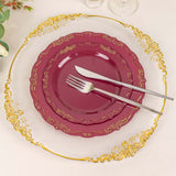 10 Pack | 7inch Burgundy With Gold Vintage Rim Disposable Salad Plates