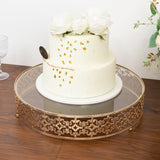 18" Gold Metal Cake Stand with Glass Top Baroque Ornate Style, Round Dessert Display Tray