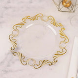 10-Pack Plastic 10" Round Dinner Plates in Clear with Gold Vintage Baroque Scalloped Rim - European Style Disposable Party Plates