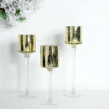 Set of 3 | Gold Long Stem Mercury Glass Cylinder Vase, Candle Holder Set