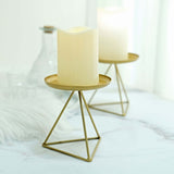 2 Pack | 5Inch Gold Metal Triangle Base Pillar Candle Holder Stands, Geometric Table Centerpieces