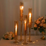 Set of 4 Gold Crystal Glass Hurricane Taper Candle Holders With Tall Cylinder Chimney Tubes