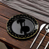 7.5inch Black With Gold Dot Rim Plastic Dessert Plates, Round Salad Disposable Tableware Plates