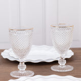 6 Pack Crystal Diamond Embossed Wine Goblet Glasses with Gold Rim, 8oz Vintage Clear Cocktail Glass